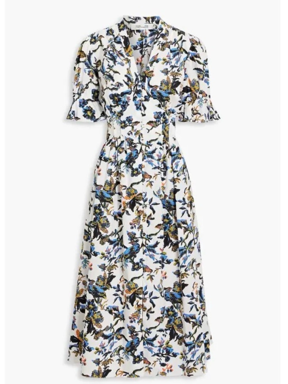 DVF Shirred Poplin Floral Dress with Button Front and Elastic Waist, Size 6.